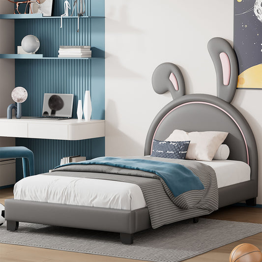 Upholstered Leather Platform Bed With Rabbit Ornament