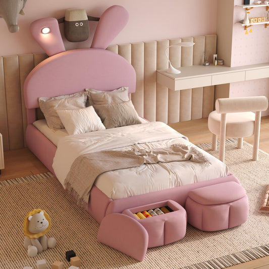 Upholstered Platform Bed With Cartoon Ears Shaped Headboard And LED Light