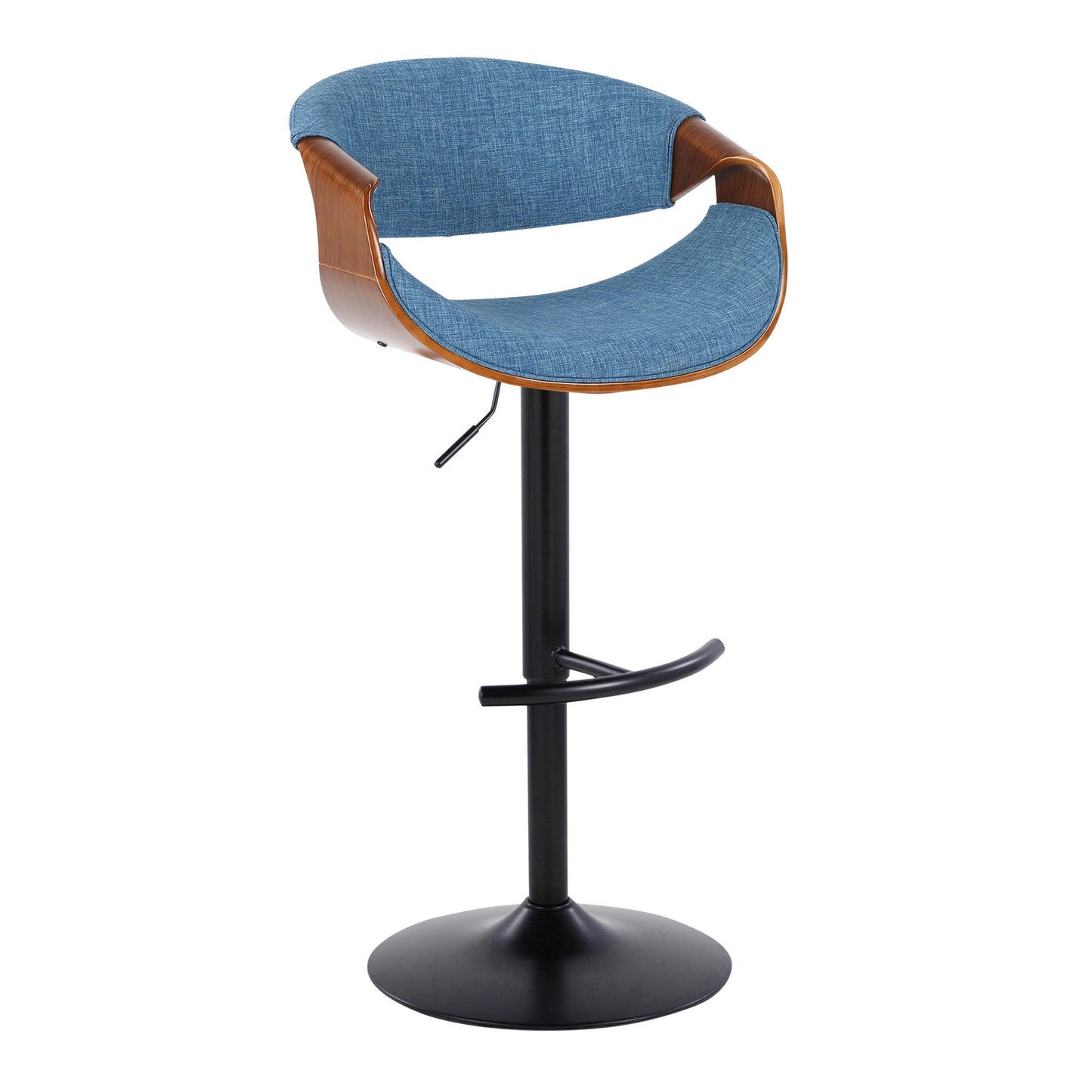 Curvo - Mid-Century Modern Adjustable Barstool With Swivel With Rounded T Footrest (Set of 2) - Black / Walnut / Blue