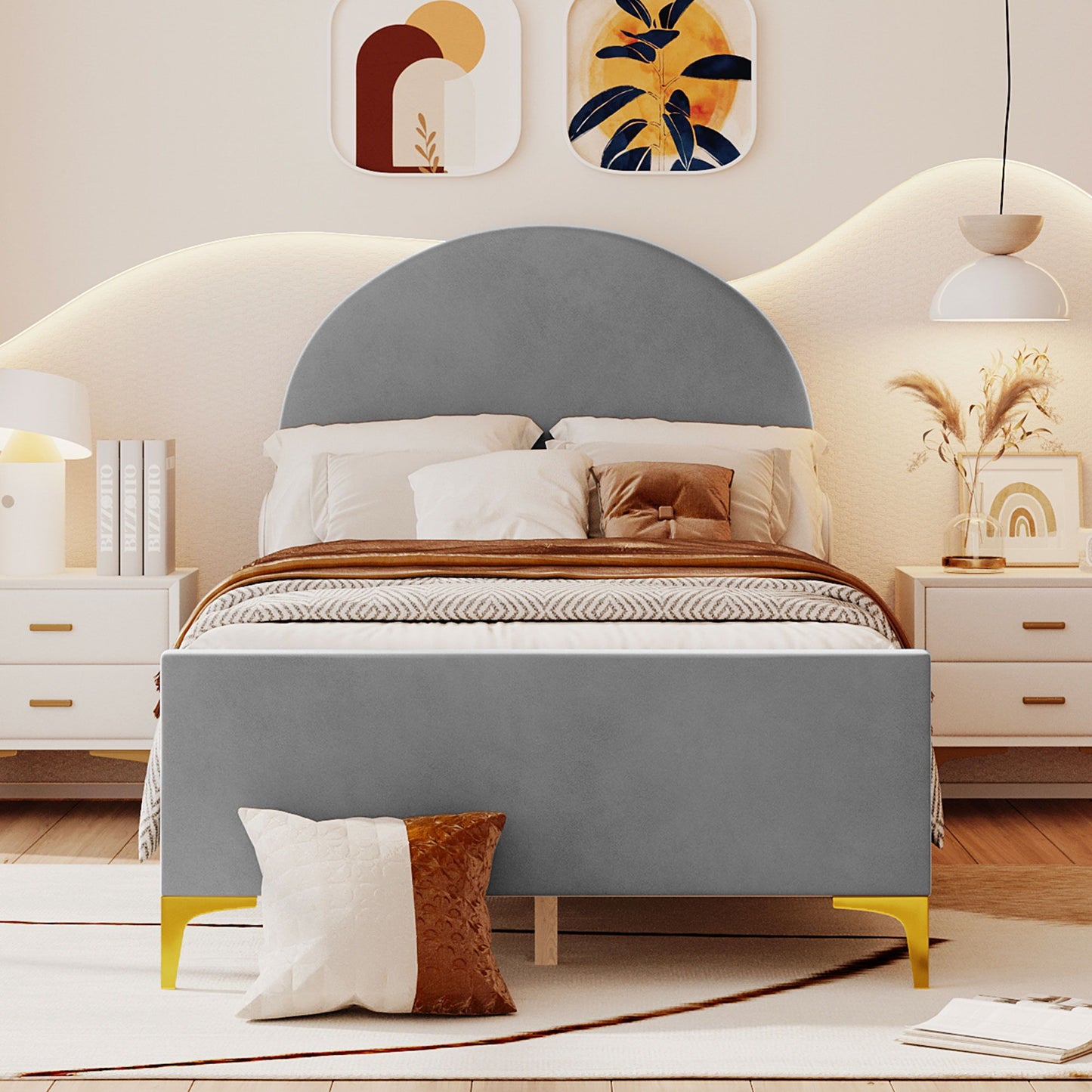 Upholstered Platform Bed With Classic Semi-Circle Shaped Headboard