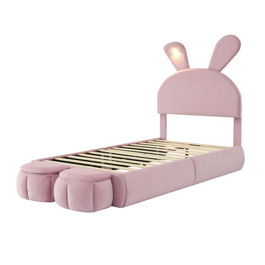 Upholstered Platform Bed With Cartoon Ears Shaped Headboard And LED Light