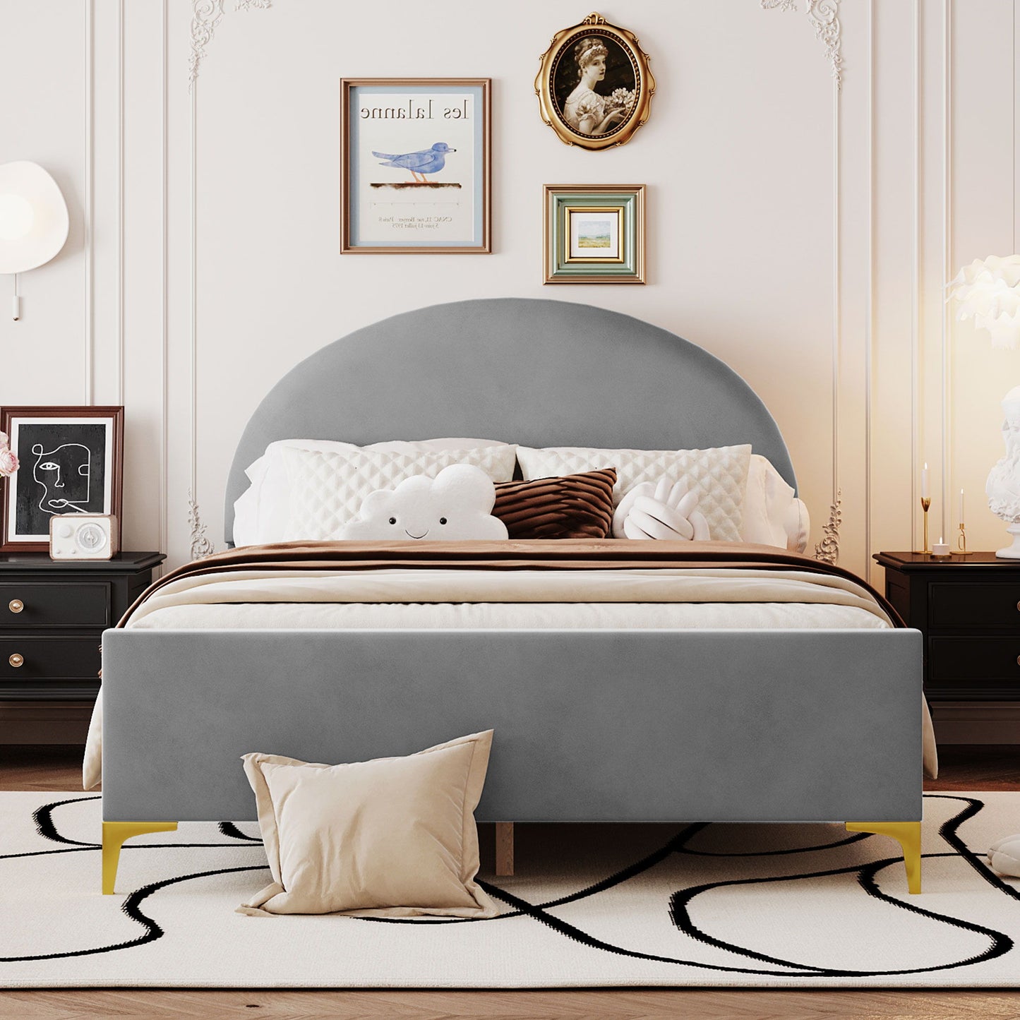 Upholstered Platform Bed With Classic Semi-Circle Shaped Headboard