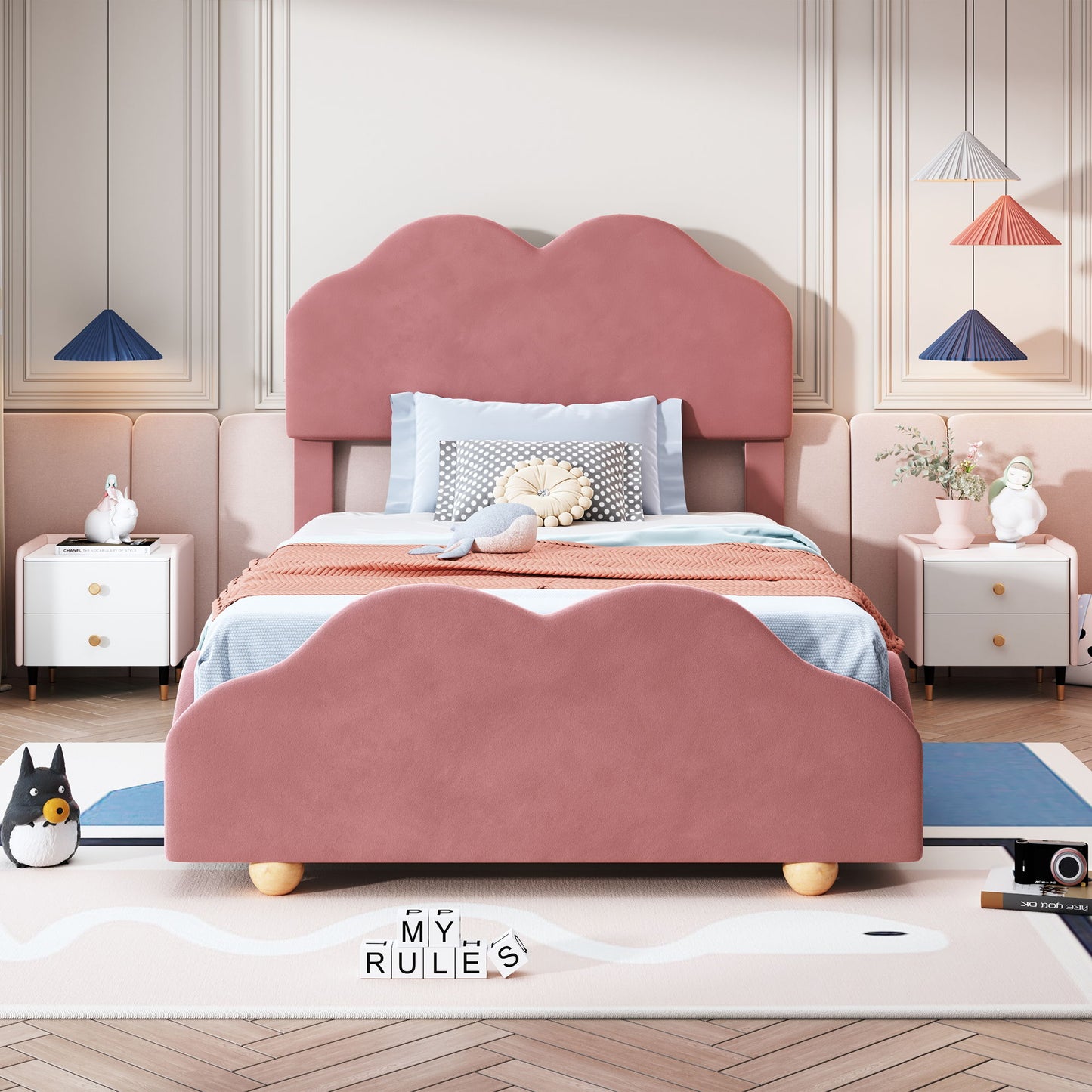 Upholstered Platform Bed With Cloud Shaped Board