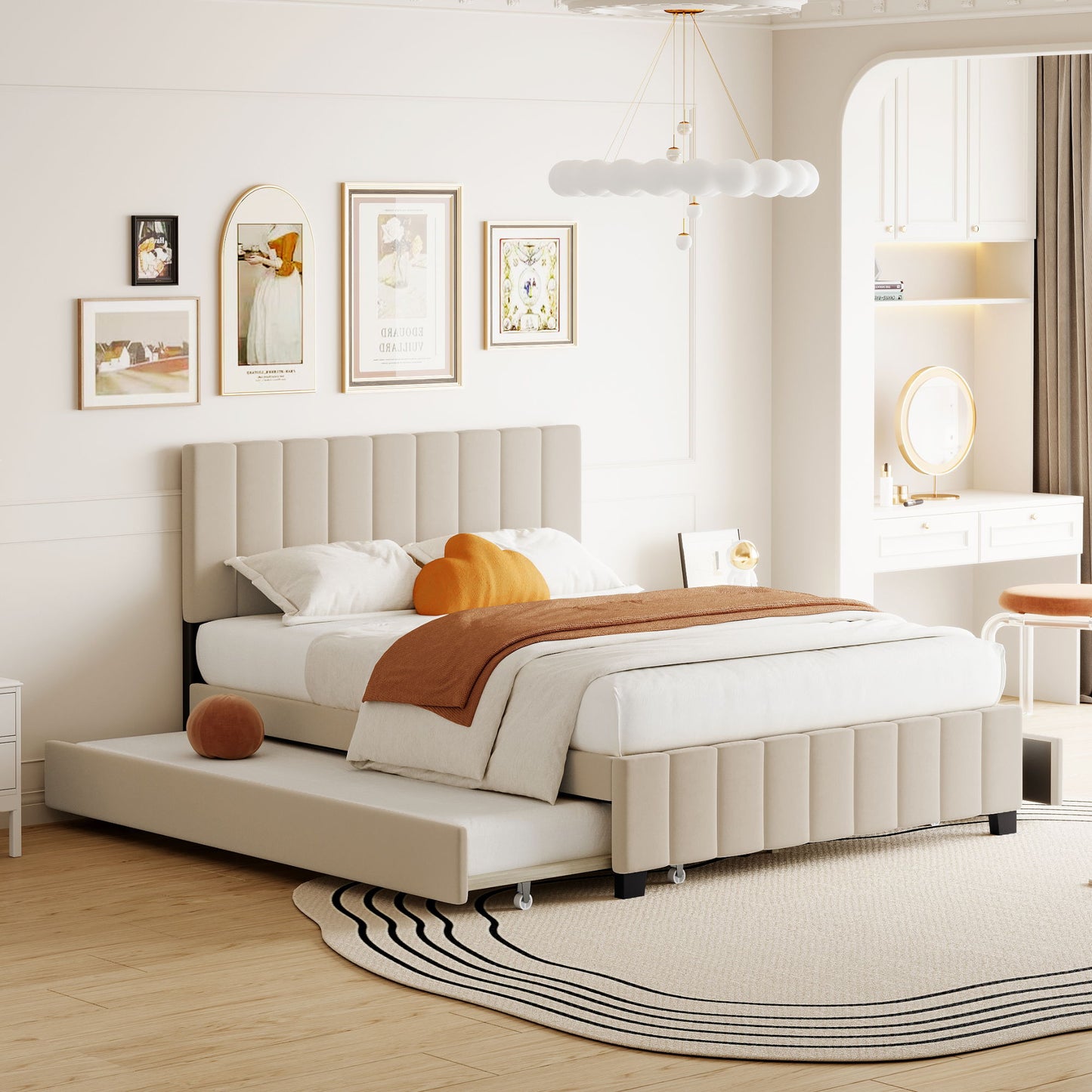 Platform UpholsteredBed With 2 Drawers And Twin Long Trundle