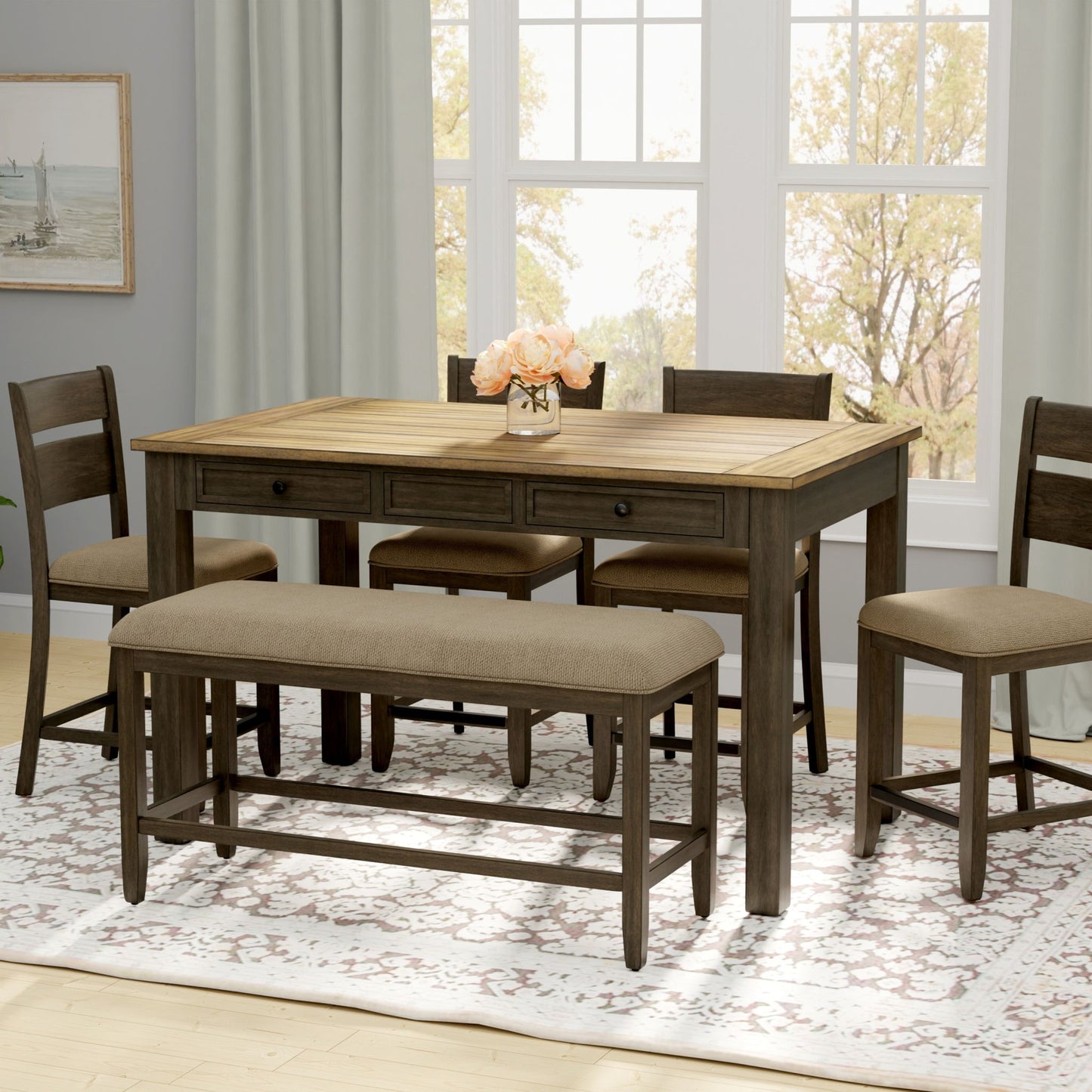 6 Piece Dining Set With Table, Chairs And Bench - Brown