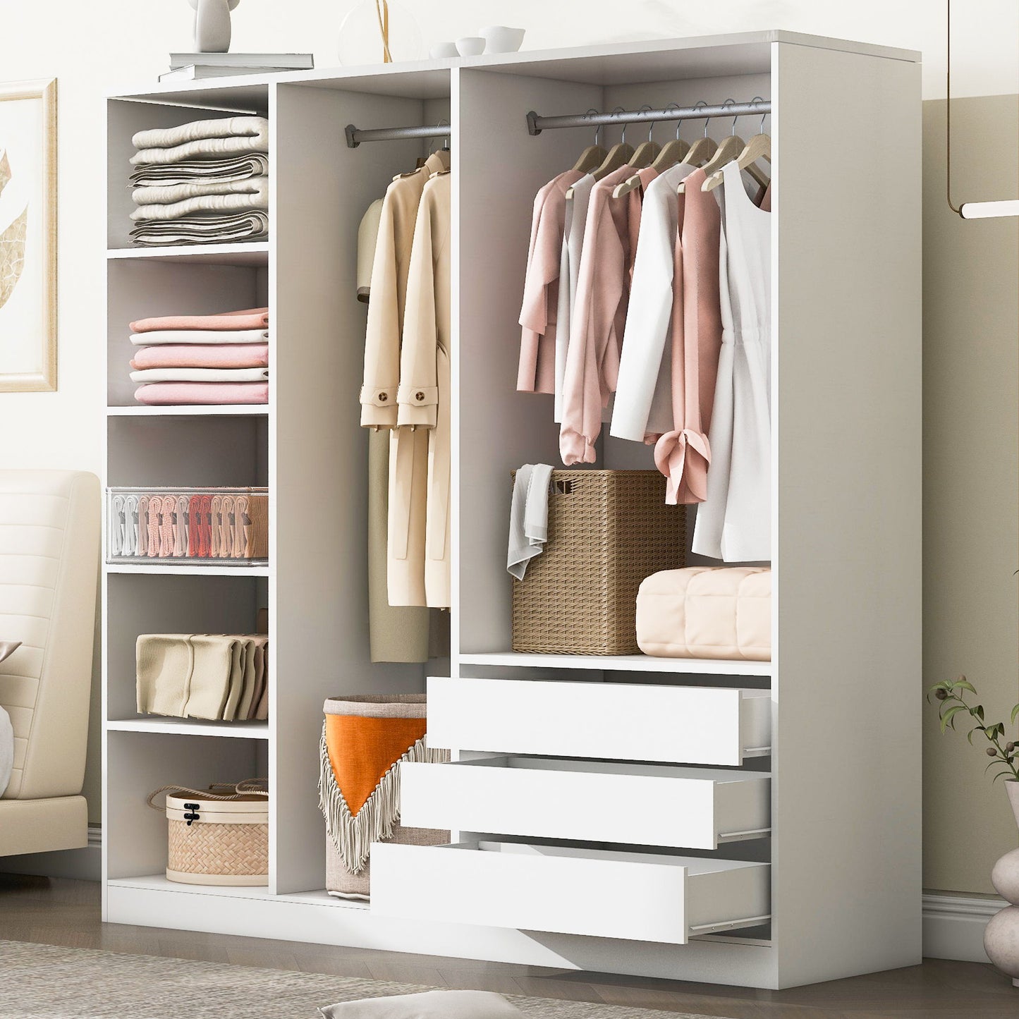 Doorless Storage Wardrobe For Dedroom With Shelves And 3 Drawers - White