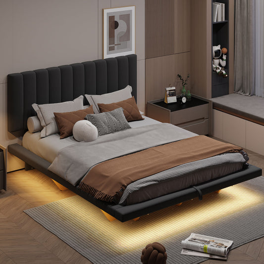 Upholstered Floating Hydrualic Platform Bed With LED Light And USB Port
