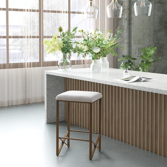 Backless Upholstered Counter Stool With Padded Seat - Ivory / Bronze
