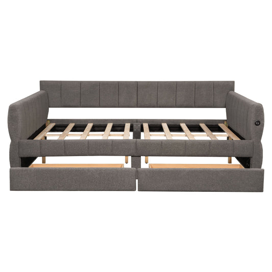 Upholstered Platform Bed With USB And 2 Drawers