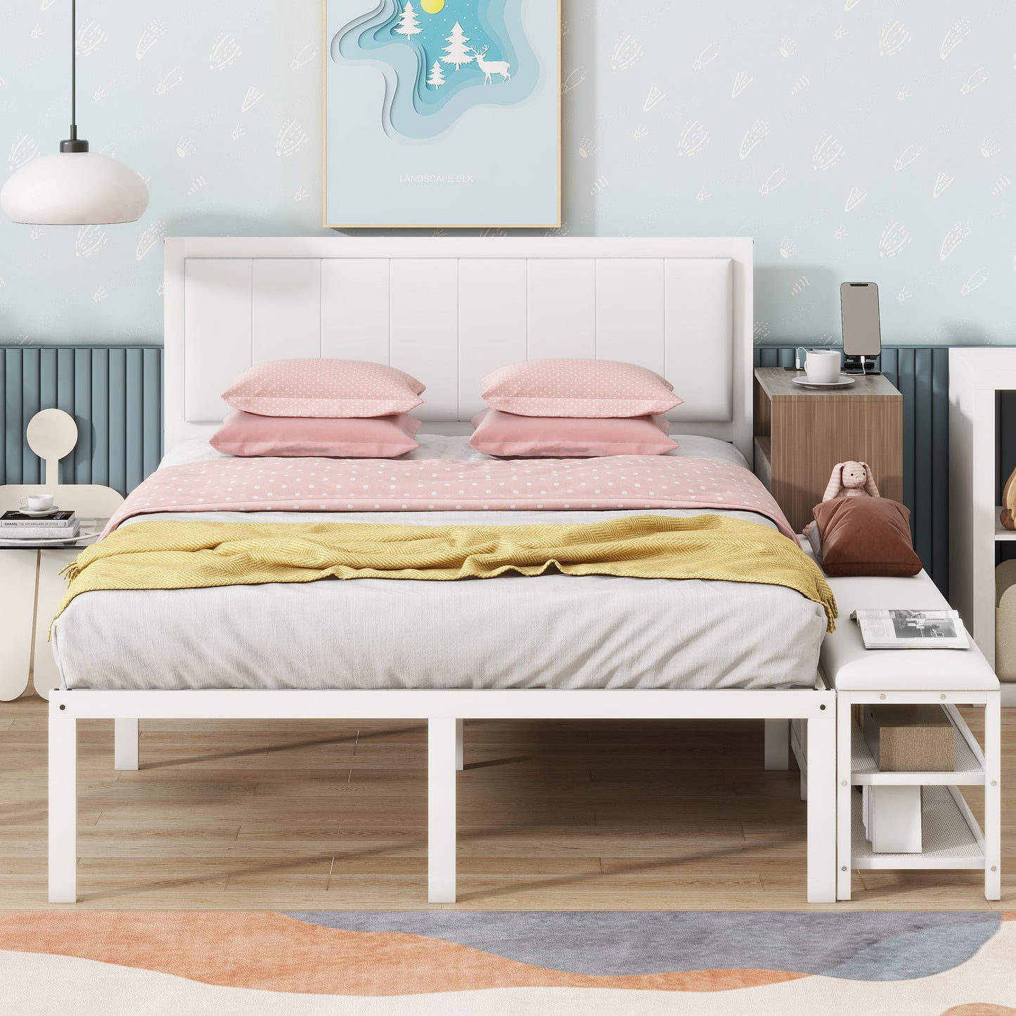 Platform Bed With 2 Tier Storage Shelves, Storage Cabinet