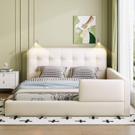 Queen Size Upholstered Platform Bed With 2 Reading Lights - White