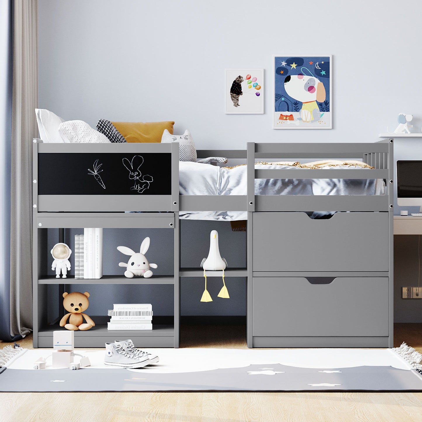 Low Loft Bed With Rolling Desk, Shelf And Drawers