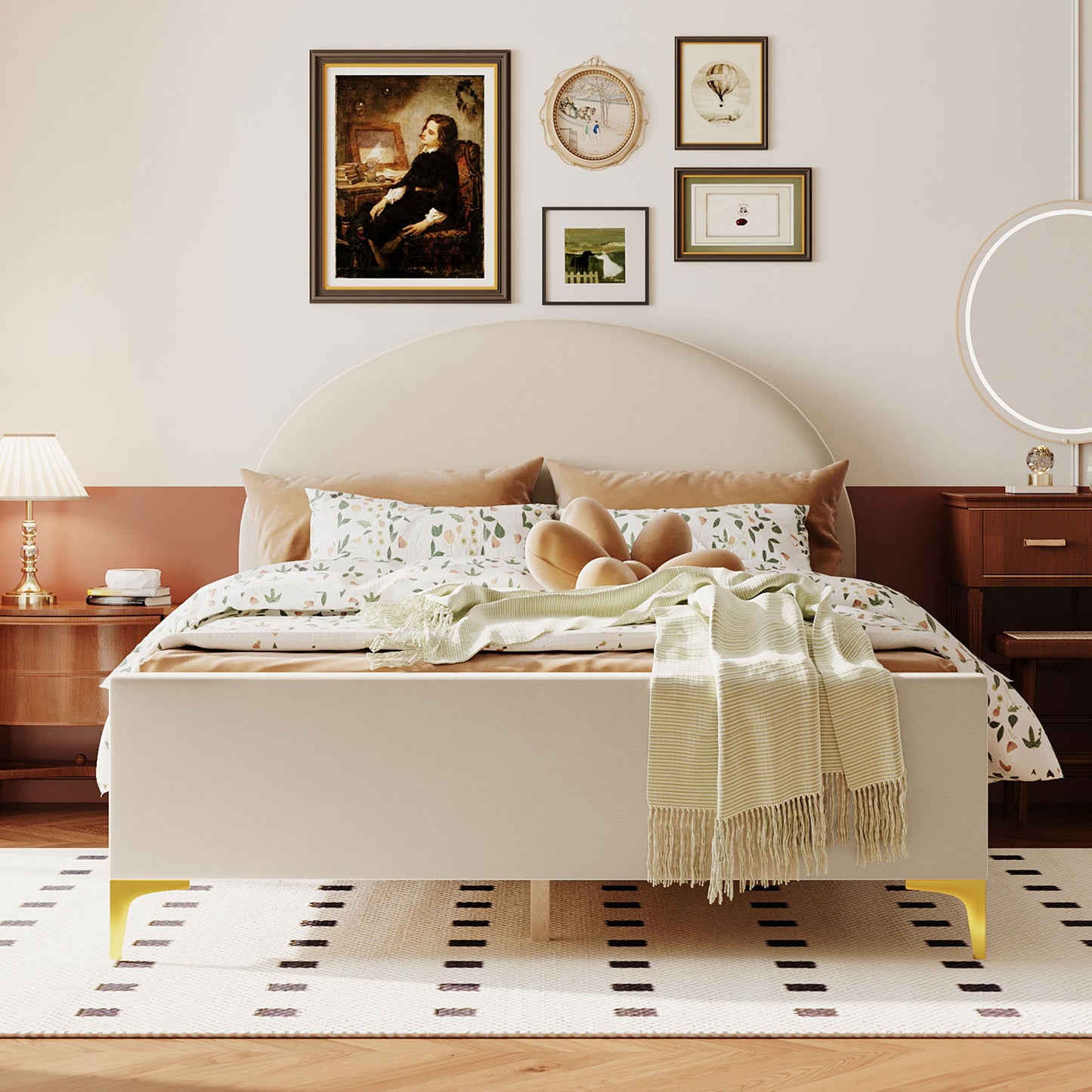 Upholstered Platform Bed With Classic Semi-Circle Shaped Headboard