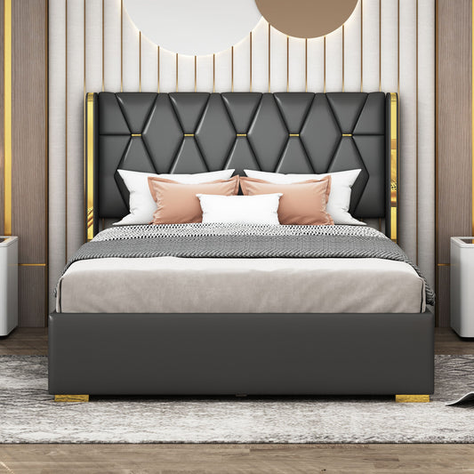 Upholstered Platform Bed With Strips - Black