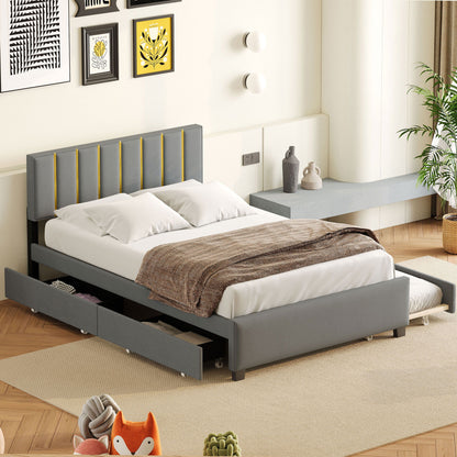 Upholstered Platform Bed With 2 Drawers And 1 Trundle, Classic Strip Headboard Design