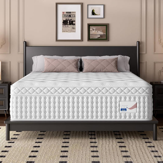 12" King Hybrid Mattress, Memory Foam & Pocket Spring Bed, Medium Firm Comfort, Spine Support, Quiet & Breathable - White