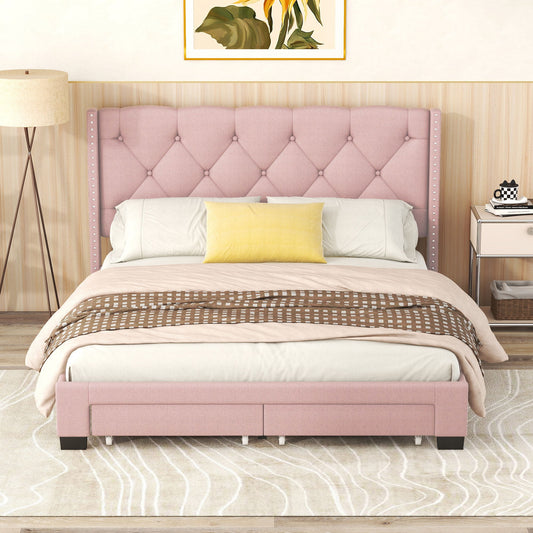 Queen Size Storage Bed Linen Upholstered Platform Bed & Two Drawers - Pink