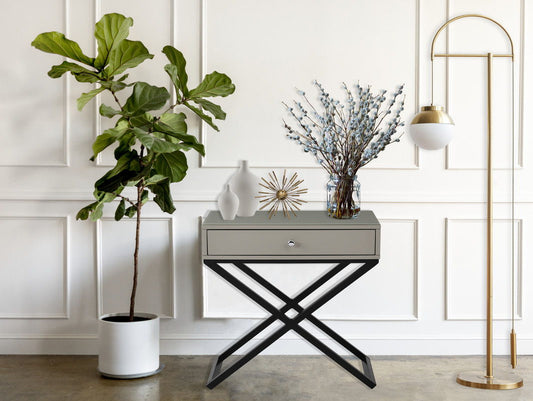 Koda - Wooden End Side Table Nightstand With Glass Top, Drawer And Metal Cross Base