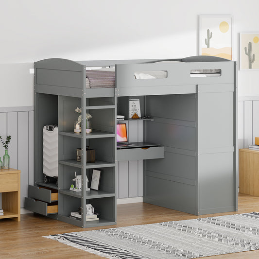 Loft Bed With Desk, Wardrobes, 4 Drawers And 4 Shelves