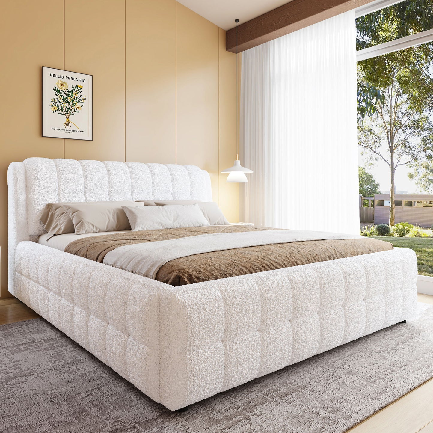 Upholstered Platform Bed With Stitching Details