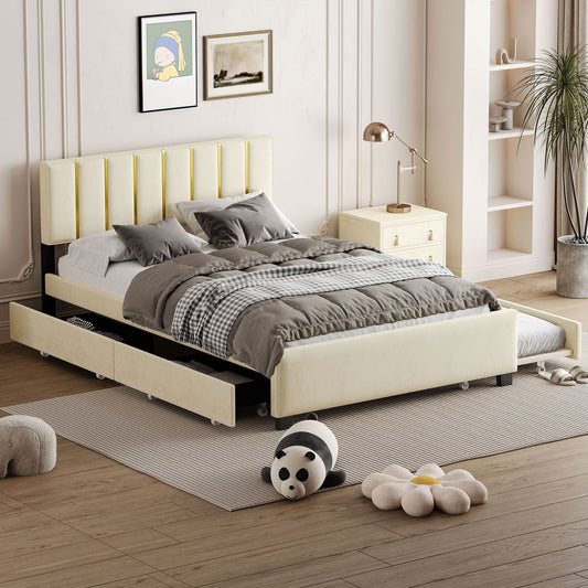 Upholstered Platform Bed With 2 Drawers And 1 Trundle, Classic Strip Headboard Design