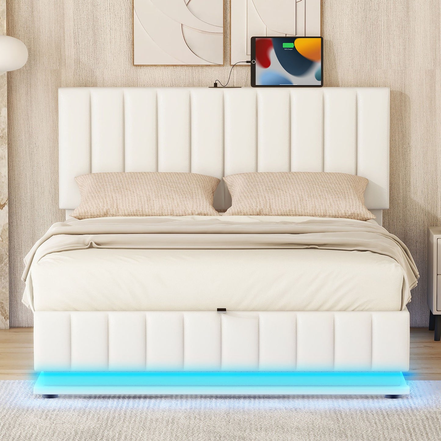 Upholstered Bed With Hydraulic Storage System And LED Light, With Sockets And USB Ports