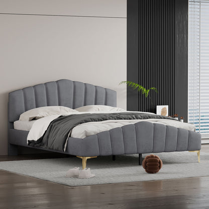 Platform Bed With Thick, Stylish Stripe Decorated Bedboard And Elegant Leg