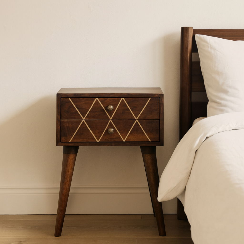 Inlay Geo Brass Bedside Table - Chestnut